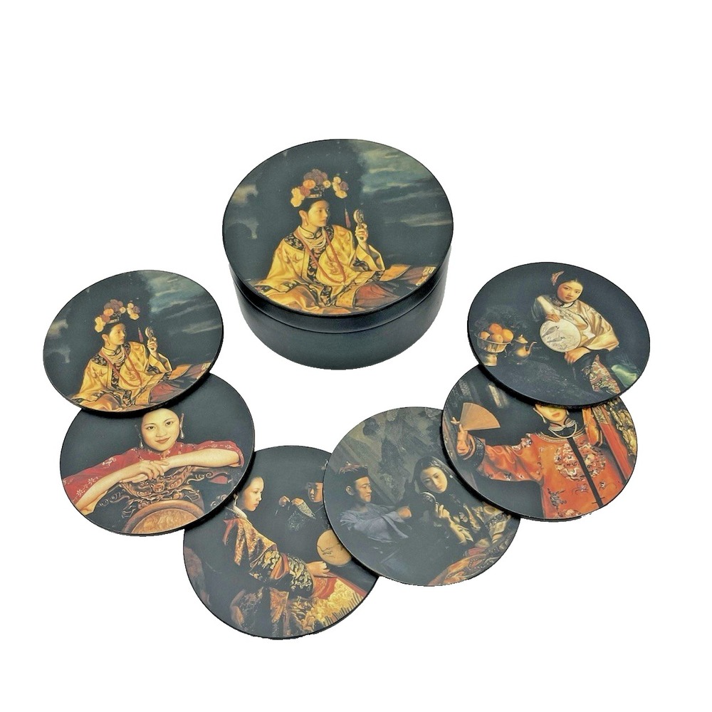 Vintage Set of 6 Asian‎ Chinese Women Drink  Coaster Set NWOT